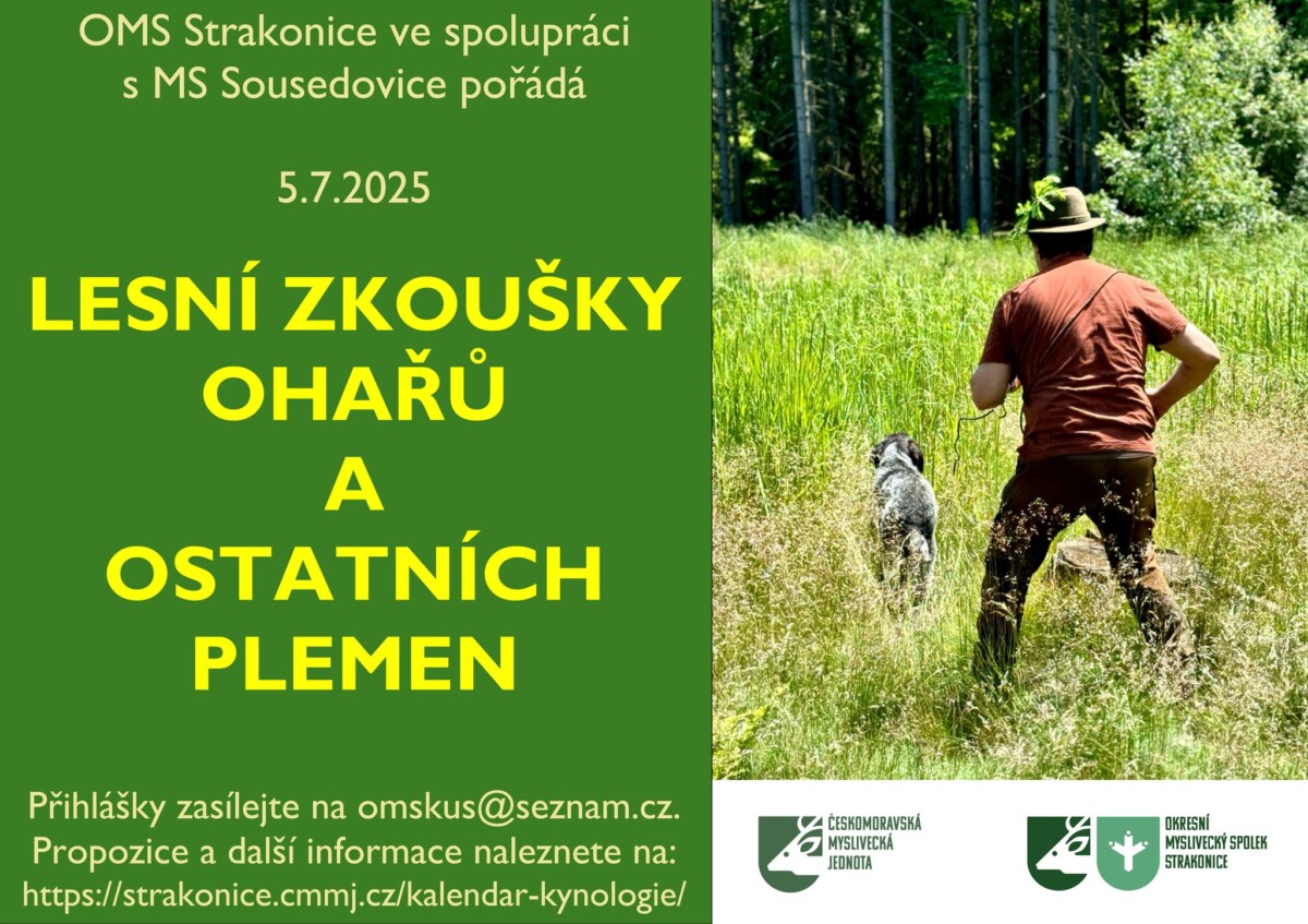 Pozvánka na Lesní zkoušky ohařů a ostatních plemen 5.7.2025